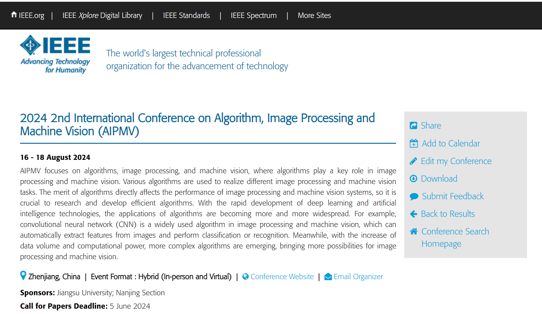 第二届算法、图像处理与机器视觉国际学术会议(AIPMV 2024)